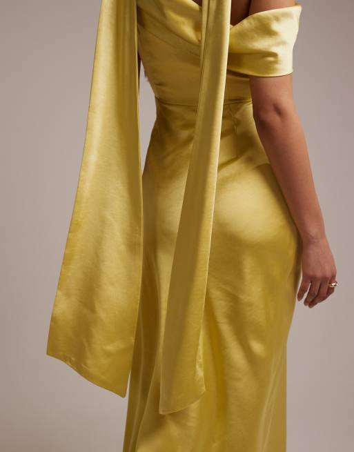 Six Stories - Vestito lungo monospalla da cerimonia in raso giallo con drappeggio, 3 di 5