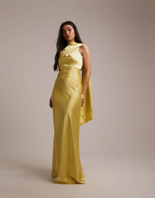 Six Stories - Vestito lungo monospalla da cerimonia in raso giallo con drappeggio, 4 di 5