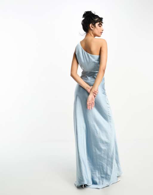 Six Stories - Vestito lungo monospalla da damigella in raso blu polvere, 4 di 4