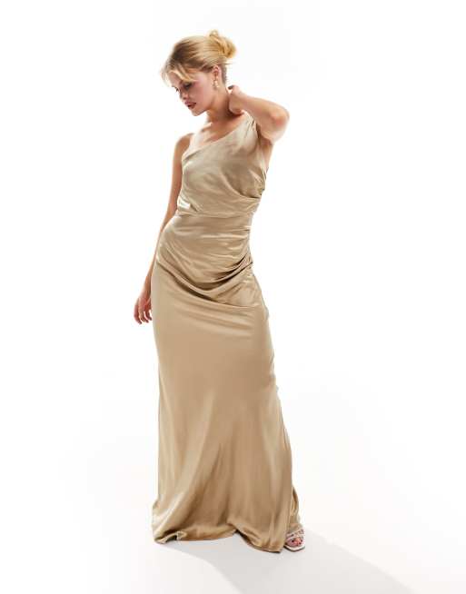 Six Stories - Vestito lungo monospalla da damigella in raso color champagne, 3 di 4