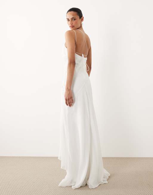 Six Stories - Vestito lungo monospalla in chiffon bianco decorato a balze, 4 di 4