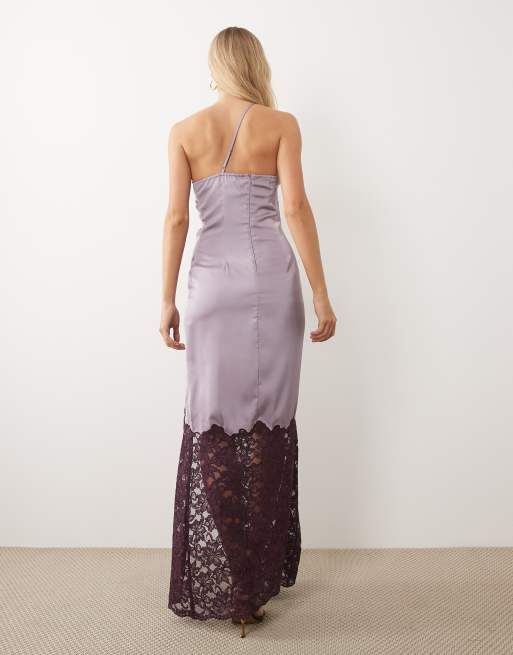 Six Stories - Vestito lungo monospalla in raso e pizzo viola orchidea con spacco, 4 di 4