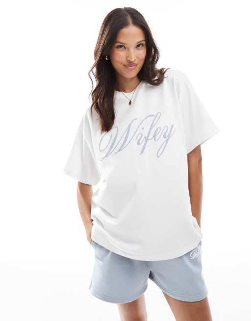 Six Stories Wifey t-shirt in ivory and baby blue (part of a set)
