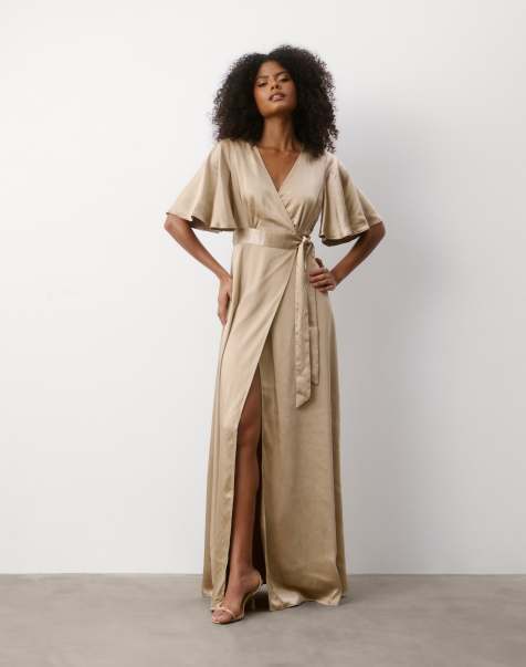 Six Stories Wrap tie satin bridesmaid dress in champagne