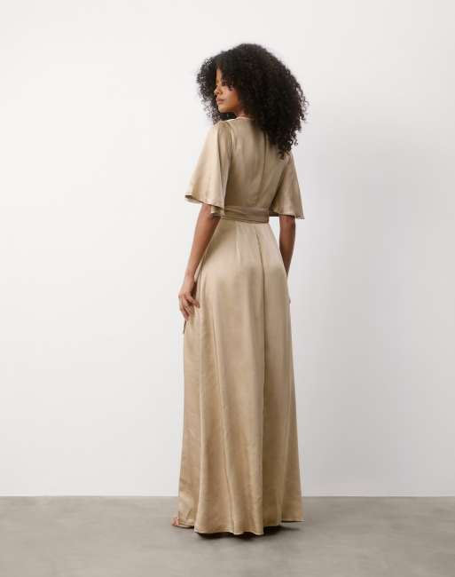 Six Stories Wrap tie satin bridesmaid dress in champagne, 2 of 5