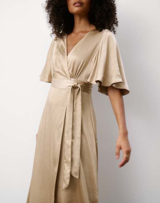 Six Stories Wrap tie satin bridesmaid dress in champagne, 5 of 5