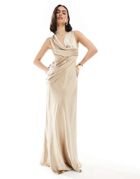 Six Stories Bridesmaid gathered overlay satin maxi dress in gold