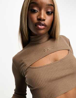 Sixth June Sixth June 2 in 1 high neck cut out detail crop top in brown