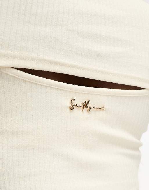Sixth June 2 in 1 high neck cut out detail crop top in off white, 4 of 4