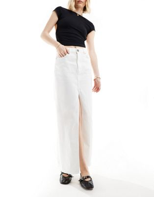 a-line denim maxi skirt with front split in white