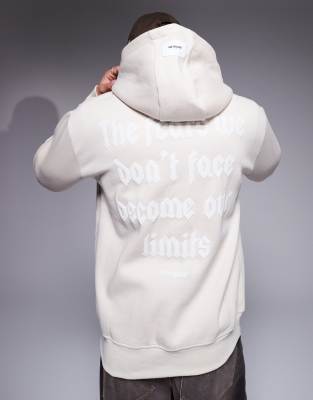 back printed quote hoodie in beige-Neutral