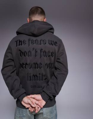 back printed quote zip hoodie in black