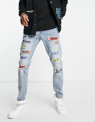 Sixth June bandana distressed relaxed jeans in blue wash