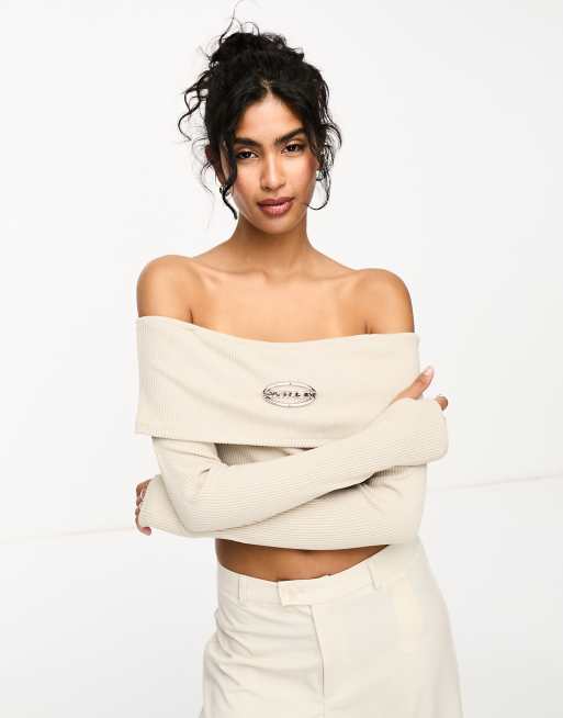 Uncovered Exposed Seam Bardot Crop Top in Beige