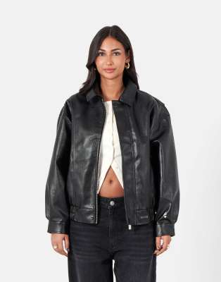 Sixth June - Bomberjacke aus Kunstleder in Schwarz