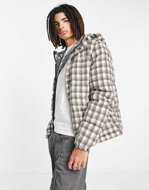 Sixth June check back embroidered oversized puffer jacket in grey