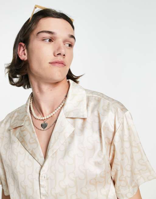 Sixth June - Chemise d'ensemble en satin avec monogramme - Beige