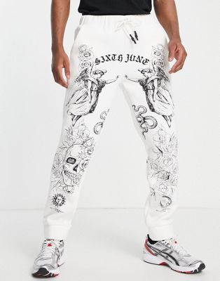 Sixth June co-ord jersey joggers in white with all over tattoo print