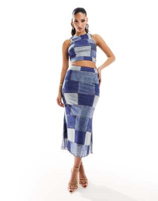 Sixth June Co-Ord Mesh Patchwork Denim Print Maxi Skirt In Blue
