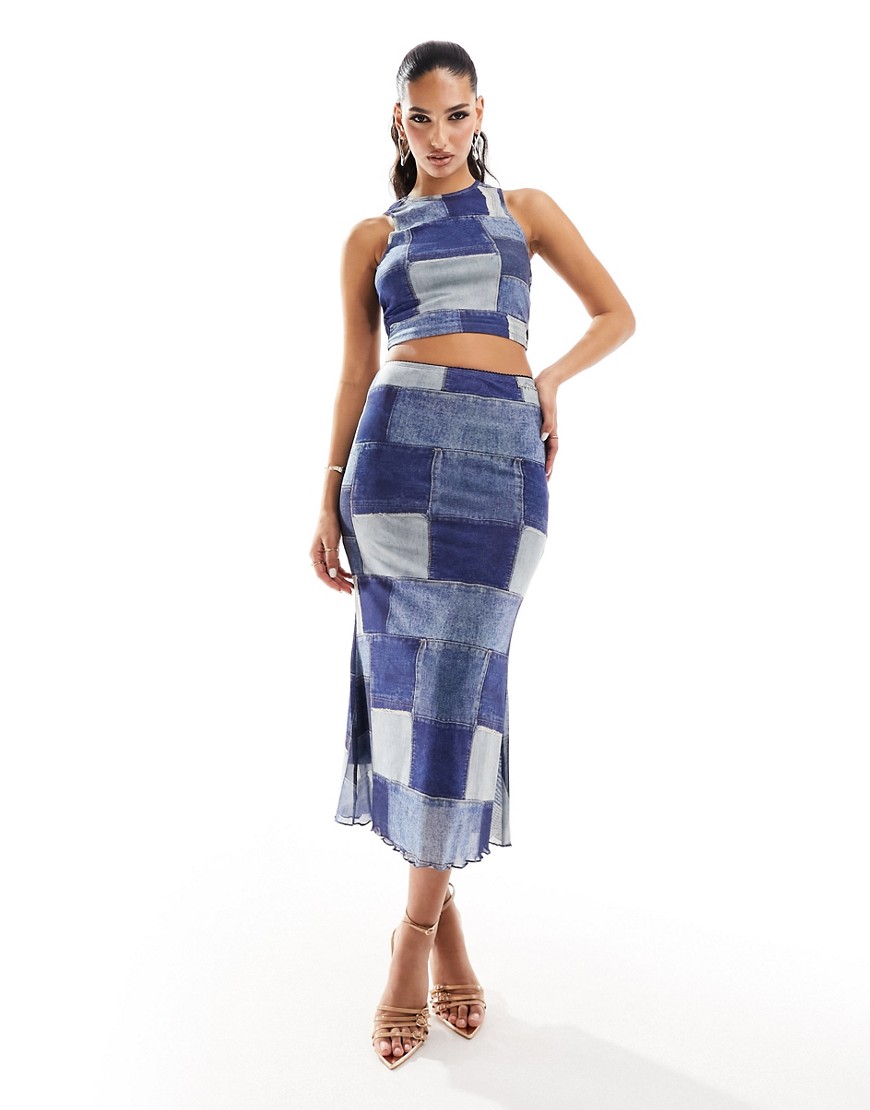 Sixth June co-ord mesh patchwork denim print maxi skirt in blue