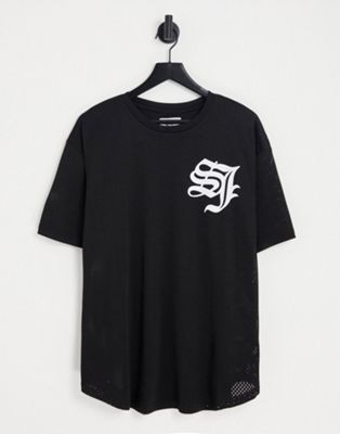 Sixth June co-ord oversized t-shirt in black mesh with gothic logo print