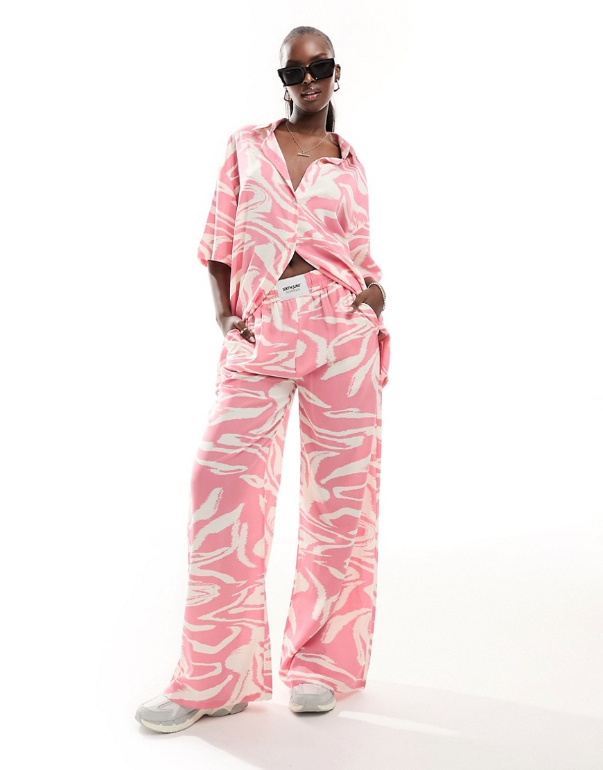 Sixth June co-ord printed straight leg trousers in pink