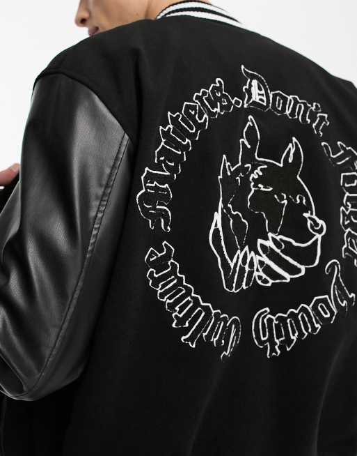 Sixth June – College-Jacke in Schwarz mit Ärmeln in Lederoptik und Gothic-Print, 3 von 4