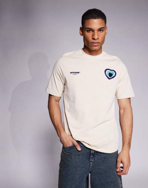 Sixth June contrast embroidered heart detail t-shirt in beige - view 1