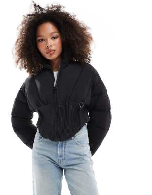 corset detail cropped puffer coat in black