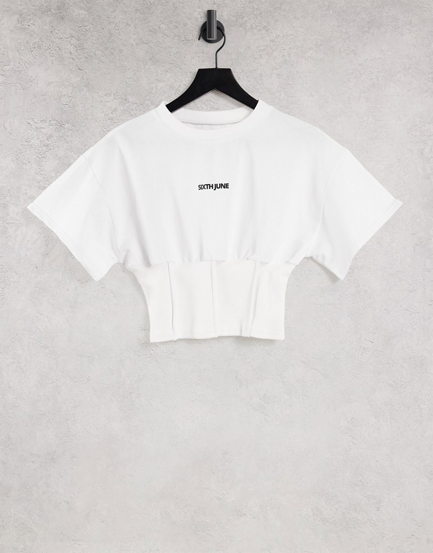Sixth June crop t-shirt with corset waist detail and front logo-White