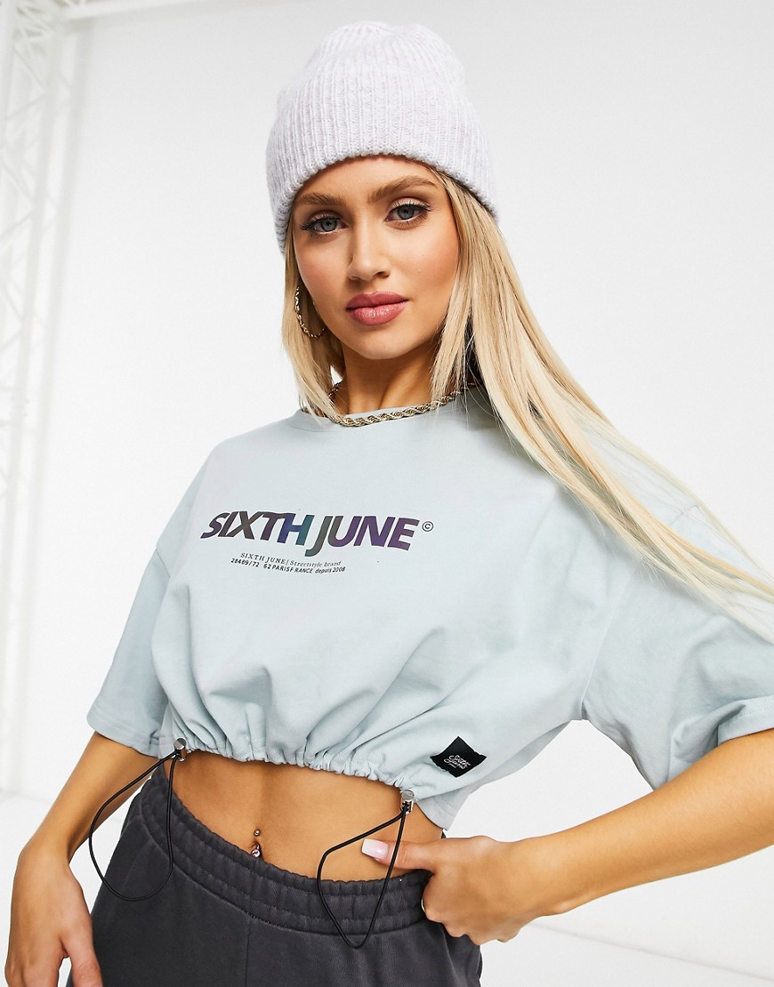 Sixth June crop t-shirt with tie waist and reflective logo in mint-Green