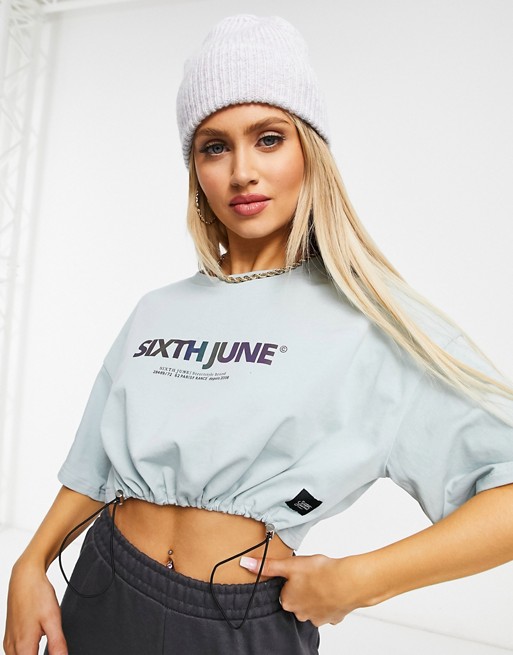 Sixth June crop t-shirt with tie waist and reflective logo in mint