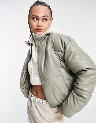Sixth June cropped oversized puffer in faux leather in washed khaki
