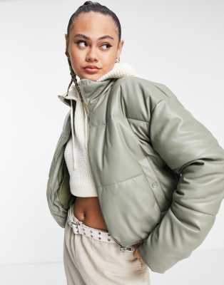 Sixth June Cropped Oversized Puffer In Faux Leather In Washed Khaki-green