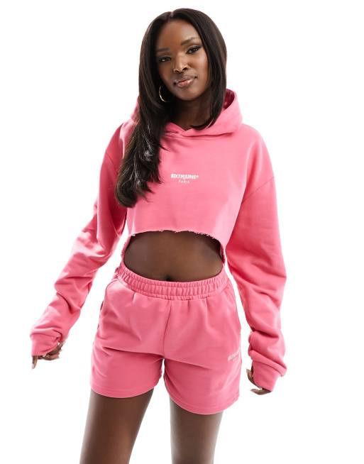 Sixth June Cropped sweater van jersey met capuchon in roze deel van co ord set ASOS