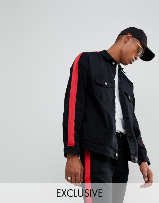 Sixth June Denim Jacket In Black With Red Stripe ASOS