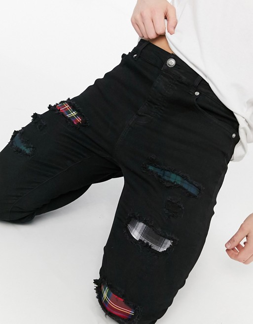 Sixth June distressed jeans with tartan detailling in black
