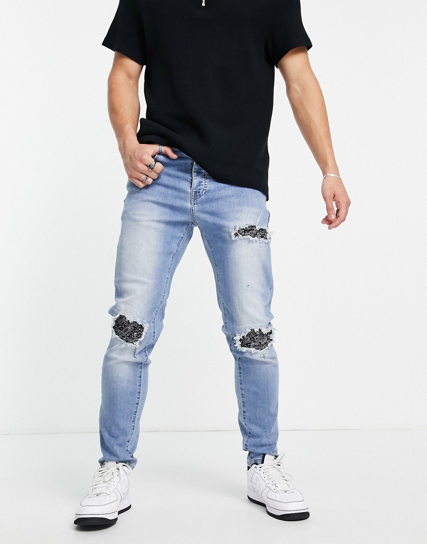 Sixth June distressed relaxed jeans with bandana detailing in blue-Blues