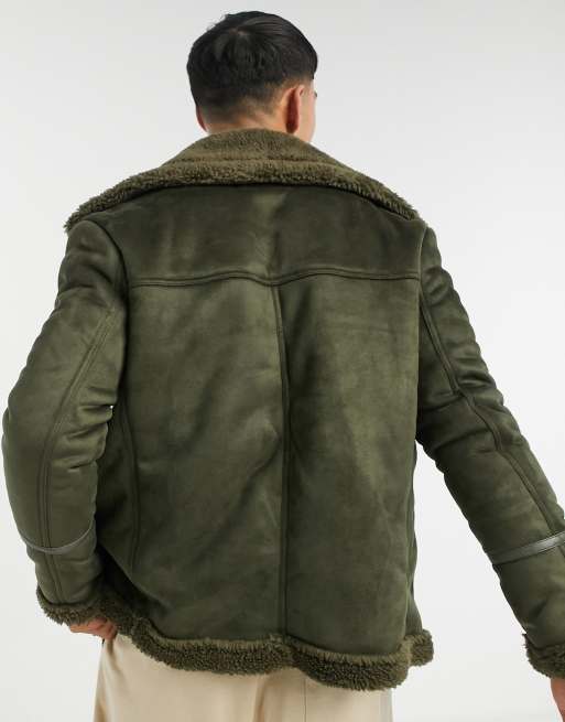 Tan overdyed faux shearling clearance biker jacket