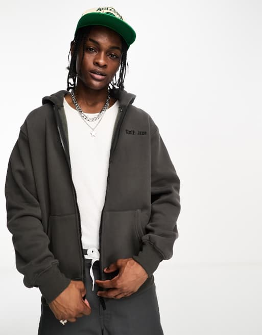 Sixth June fear embroidered zip through hoodie in black ASOS