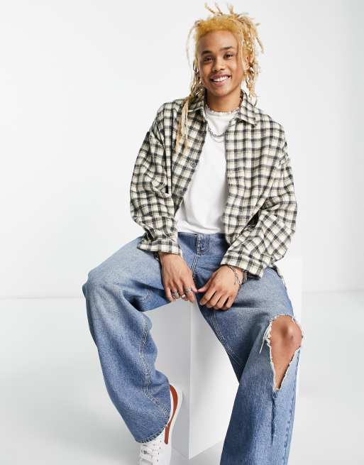 Sixth June – Flanell-Hemdjacke in Grau kariert mit Oversize-Schnitt und Logostickerei, 2 von 4