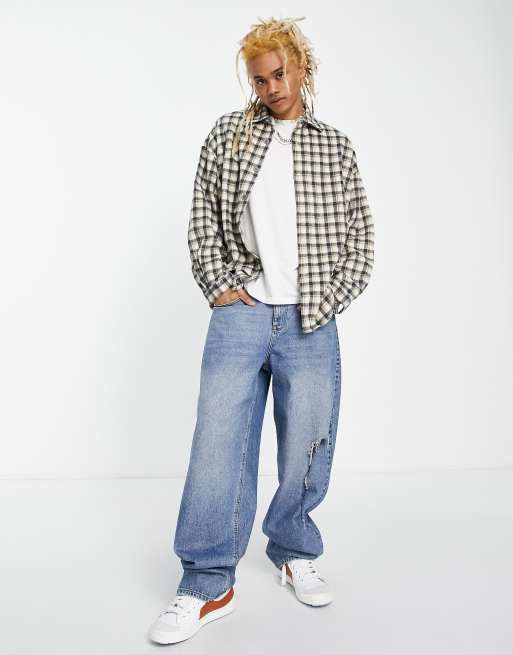 Sixth June – Flanell-Hemdjacke in Grau kariert mit Oversize-Schnitt und Logostickerei, 3 von 4