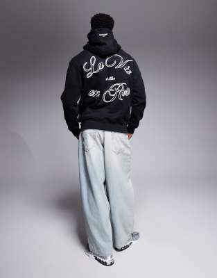 french motif back print hoodie in black