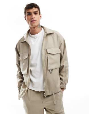 front pocket logo detail jacket in beige - part of a set-Neutral