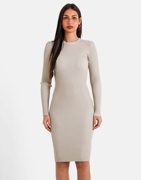 Sixth June - Gebreide tweekleurige jurk met lange mouwen in beige - view 1