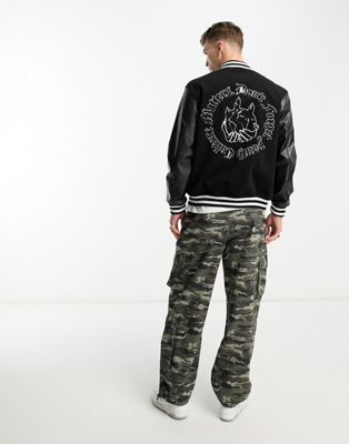 Sixth June gothic print varsity jacket with leather look sleeve in black - ASOS Price Checker
