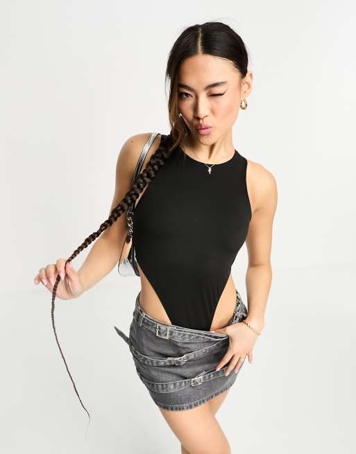 Ultra High Cut Lace Up Faux Leather Bodysuit