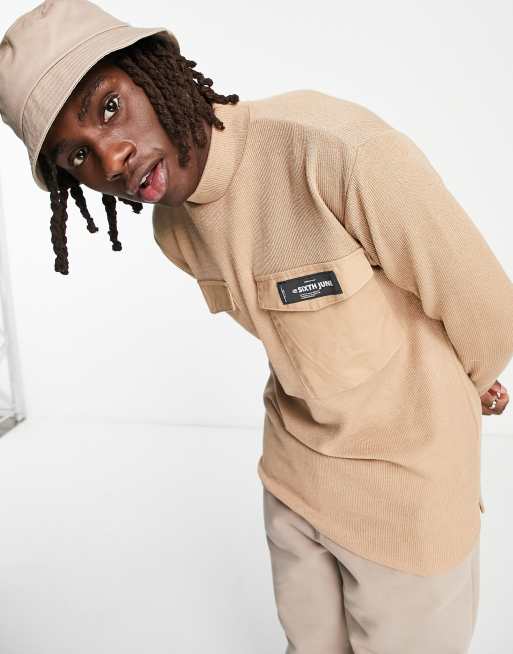 Sixth June high neck chest pocket sweater in beige