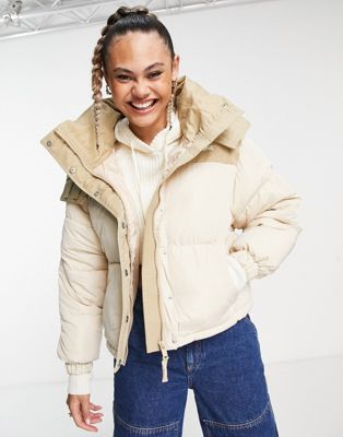 Sixth June high neck cropped puffer jacket in stone contast & embroidered logo - ASOS Price Checker