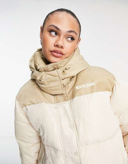 ASOS DESIGN puffer jacket with high neck in stone